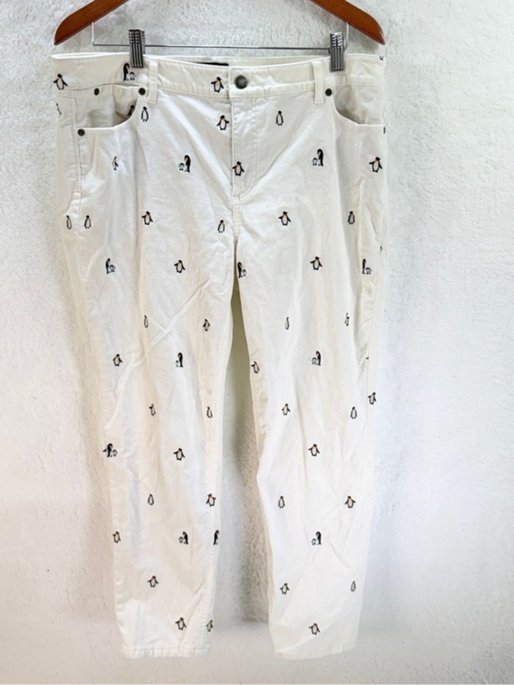 Talbots Petite Slim Ankle Corduroy Pants Cream with Embroidered Penguins 16P